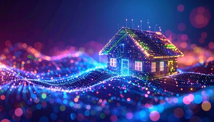 Smart home technology represented by glowing blue house icon on circuit board with orange light traces. Symbolizes connectivity, automation, innovation, and future of living in digital cyberspace.