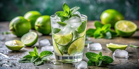 Refreshing Iced Mint Lime Beverage with Sliced Citrus and Ice Cubes on Dark Surface