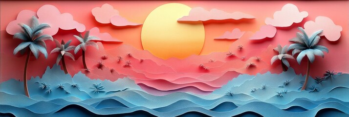 Tropical beach sunset ocean waves palm trees clouds sky horizon paradise vacation summer travel art, Wide Background