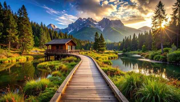 Wooden Cabin and Winding Pathway Over Water Leading to Majestic Mountains with a Radiant Sunset and Lush Forest in a Serene Landscape - Powered by Adobe
