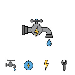 An illustrative set of vector icons showcasing a water faucet with an electric symbol, highlighting themes of water conservation, energy efficiency, and plumbing services.