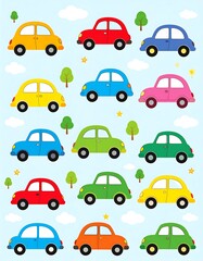 A cheerful, colorful pattern of various cartoon cars against a light blue sky dotted with clouds and small trees.