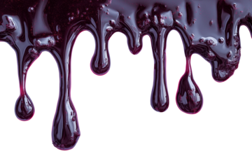 Thick dark blueberry syrup dripping with glossy shiny texture and realistic sweet liquid flow, isolated on white background, perfect for food design and mock-ups.