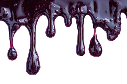 Thick dark blueberry syrup dripping with glossy shiny texture and realistic sweet liquid flow, isolated on white background, perfect for food design and mock-ups.