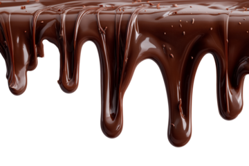 Rich dark chocolate drips with smooth melted texture and glossy glaze effect, isolated on white background, perfect for dessert and confectionery mock-ups.