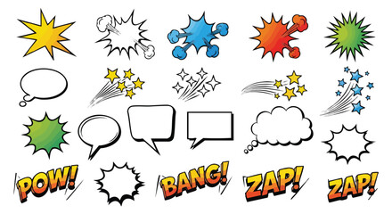 Collection of colorful comic book speech bubbles, sound effects, and starburst graphics.