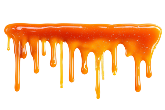 Orange syrup drips, glossy bright orange streaks, juicy texture with thick drops, isolated on white background