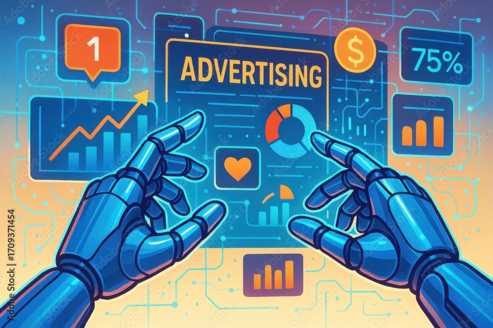Aufkleber futuristic robotics hands interacting with digital advertising data and analytics dashboard