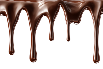 Realistic chocolate drips, glossy melted chocolate flowing down with thick drops isolated on white background, high detail, professional food photography