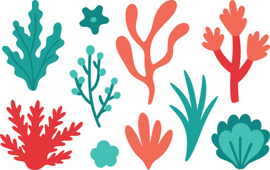 Colorful vector coral and seaweed bundle for ocean themed designs scalable illustration