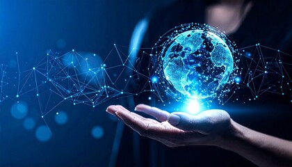 Metaverse Technology concepts. Woman hand holding global network connection. Good internet communication, Wireless connection technology