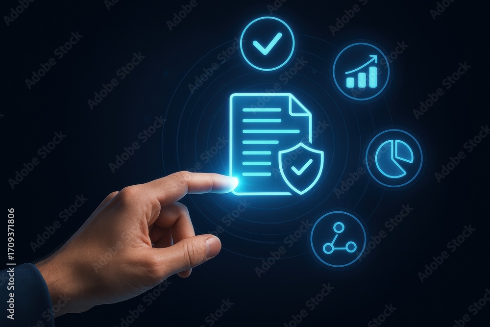 Aufkleber hand interacting with digital icons for document security, growth, and data visualization concepts