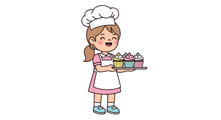 Happy Baker Girl Holding Cupcakes.