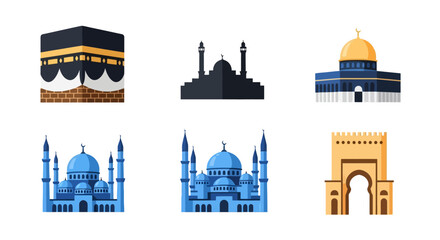 Vector Illustration Set of Islamic Landmarks and Mosques for Educational Materials and Cultural Presentations Depicting Global Religious Heritage