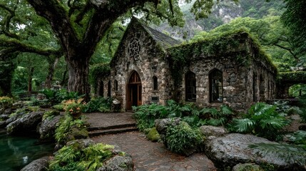An old church hidden deep in the jungle, surrounded by dense trees and thick green foliage