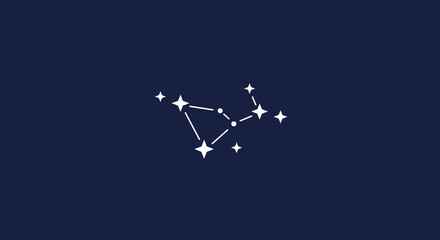 A minimalist illustration of the Orion constellation against a dark blue background.