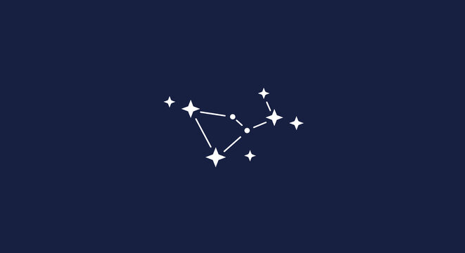 A minimalist illustration of the Orion constellation against a dark blue background.