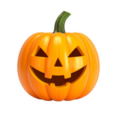 Fototapeta premium A Halloween pumpkin with carved face and a green stem. Its cheerful expression is ready for the festive season