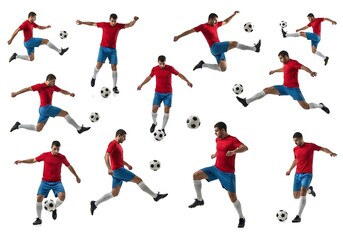 Fototapeta premium Dynamic Soccer Player in Red Jersey Demonstrates Various Kicking and Ball Control Techniques