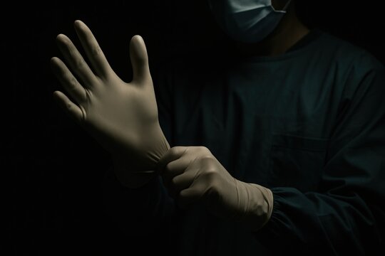 A surgeon preparing to operate wearing latex gloves - Powered by Adobe