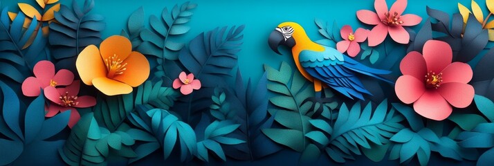 Tropical parrot flowers leaves jungle papercraft vibrant colorful nature illustration artistic design, Wide Background