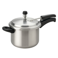 Stainless steel pressure cooker — isolated PNG on transparent background, lid with regulator and safety valve