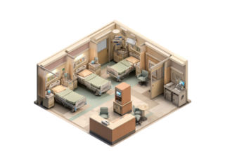 Isometric hospital room with beds and medical equipment image