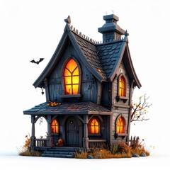 Fototapeta premium A spooky house with lit windows and a flying bat, perfect for Halloween. The house is surrounded by autumn leaves and has a dark, eerie atmosphere