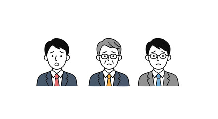 Business downturn affecting workforce morale with worried employees in suits and ties on white backdrop