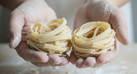 Fresh Pasta in Hands, Ready to Cook.