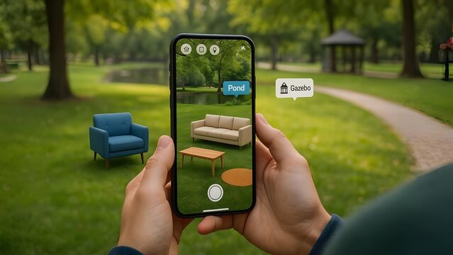 Person Using Smartphone with Augmented Reality Interface in Casual Setting