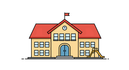 Fototapeta premium Simple line drawing of a school building with a red roof and yellow walls, featuring windows, a clock, and a playground slide.