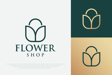 Beauty store logo design with flower and bag concept vector illustration