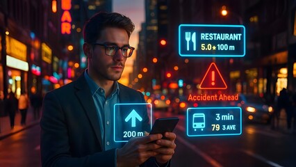 Young Professional Using AR in Busy City with Holographic Signs and Neon Reflections