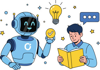 Robot assistant helps man reading book isolated on white background