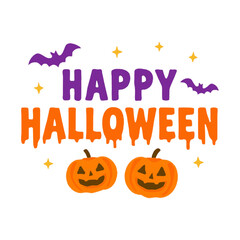 Happy halloween greeting with pumpkins bats and stars on white background