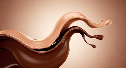 A dynamic and elegant whisk of rich dark and creamy milk chocolate, swirling together in a mesmerizing liquid splash on a smooth brown background