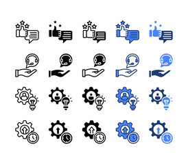 Satisfaction, Assistance, Knowledge, Efficiency, multiple style icon set.
