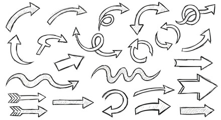 A collection of hand-drawn arrows, representing direction, movement, and various design elements.