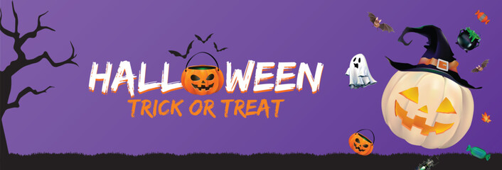 Halloween Trick or Treat Web Banner | Spooky Vector Graphic with Jack-o'-Lanterns, Ghosts, and Bats