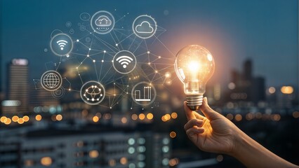 Hand Holding Light Bulb with Digital Network Icons