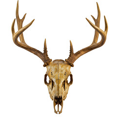 Weathered Deer skull with old antlers, isolated on white or transparent background. PNG