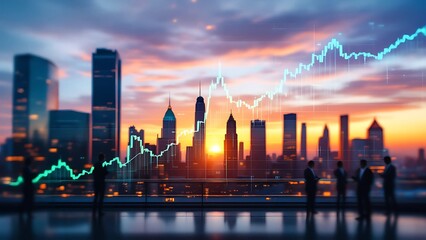 Cityscape with Stock Market Graph at Sunset skyline