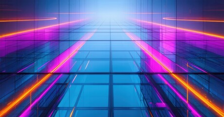 Neon grid extends into distance. Bright lines create tunnel effect. Futuristic, vibrant, digital aesthetic dominates scene.