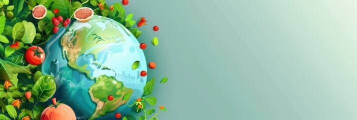 World vegan day celebration with earth surrounded by fresh vegetables and fruits for eco-friendly living. Horizontal banner. Copy space. Healthy Food. World Vegetarian Day
