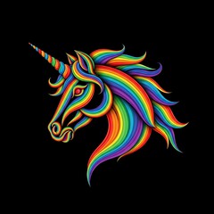 A colorful, detailed illustration of a unicorn head, featuring rainbow-colored stripes that create a stylized mane and flowing, stylized design.