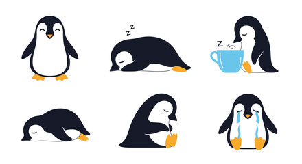 Obraz premium Adorable cartoon penguins expressing various emotions and actions like sleeping and drinking coffee.