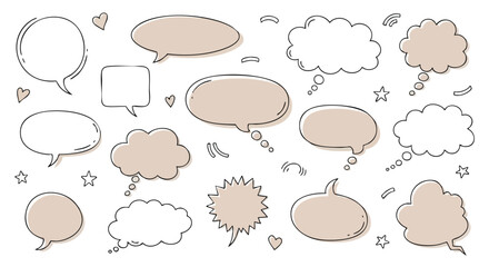 A collection of hand-drawn speech bubbles and thought clouds in various shapes and sizes, scattered across a white background with small decorative elements.