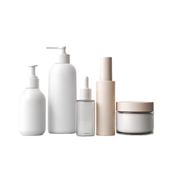 Various white and beige cosmetic bottles