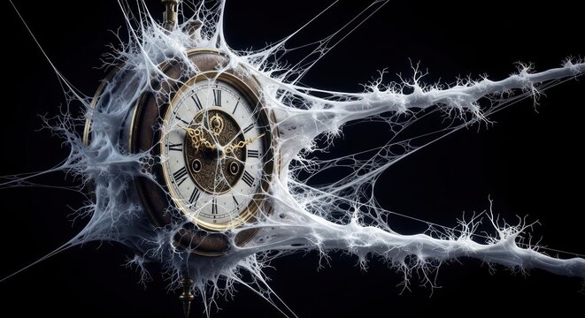 An old pocket watch covered in a spider web, symbolizing the passage of time and the feeling of being trapped in the past